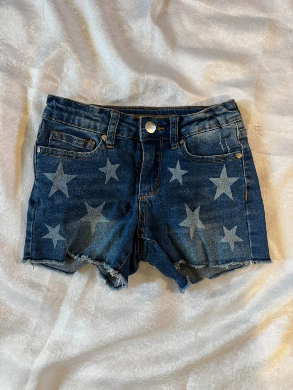 EUC Girls (Size 8) Joes Jeans denim shorts with white stars, frayed hem